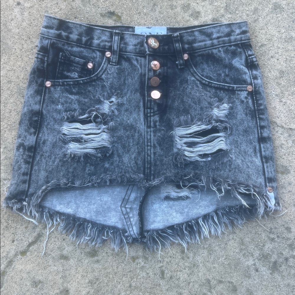 One Teaspoon Junkyard Black Washed Distress Mini Denim Skirt Womens Size 22- XXS